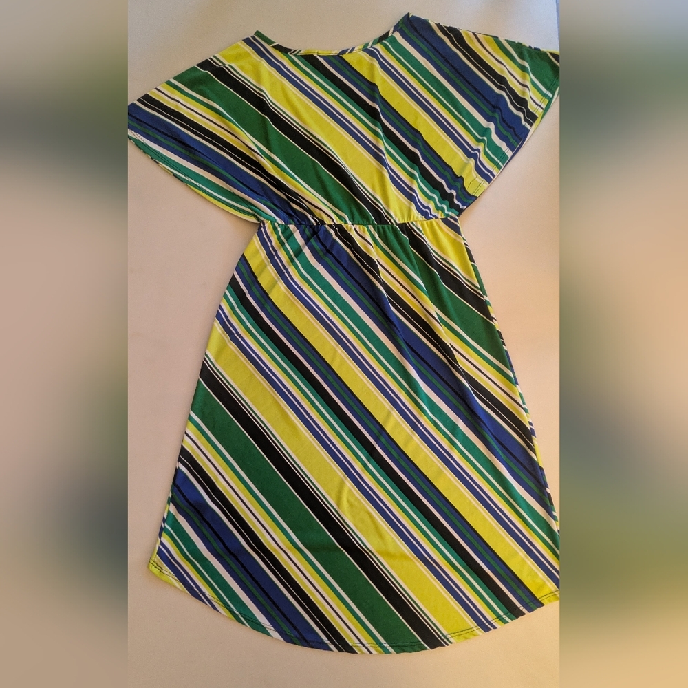 Maurices Colorful Striped Short Sleeve, Boat Neckline, Popover, High Low Dress.